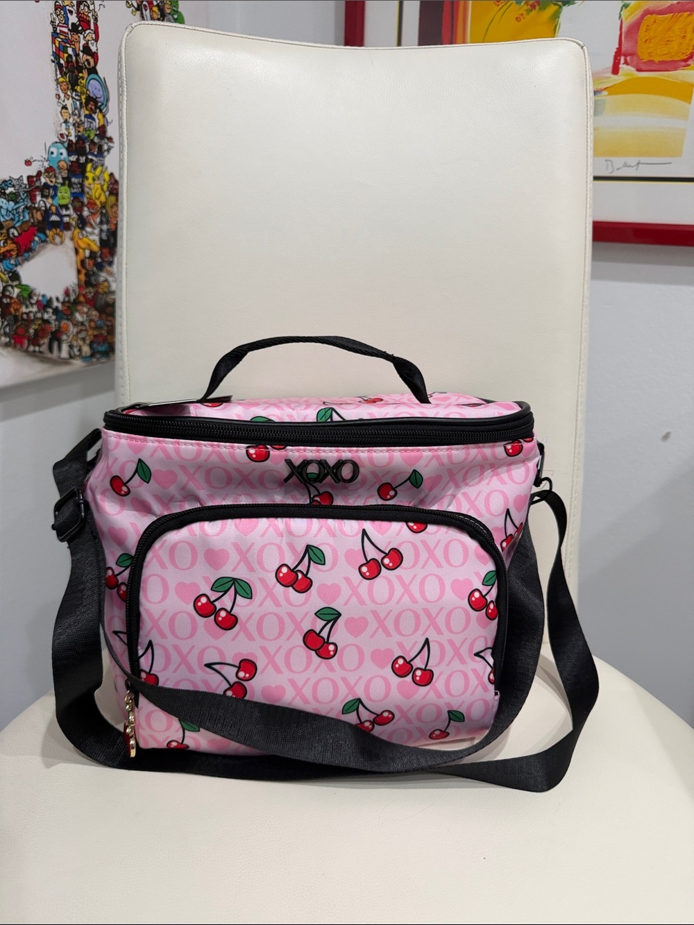 XOXO Pink/Green/Black Cherry Print Insulated Lunch Tote with Thermal Lining